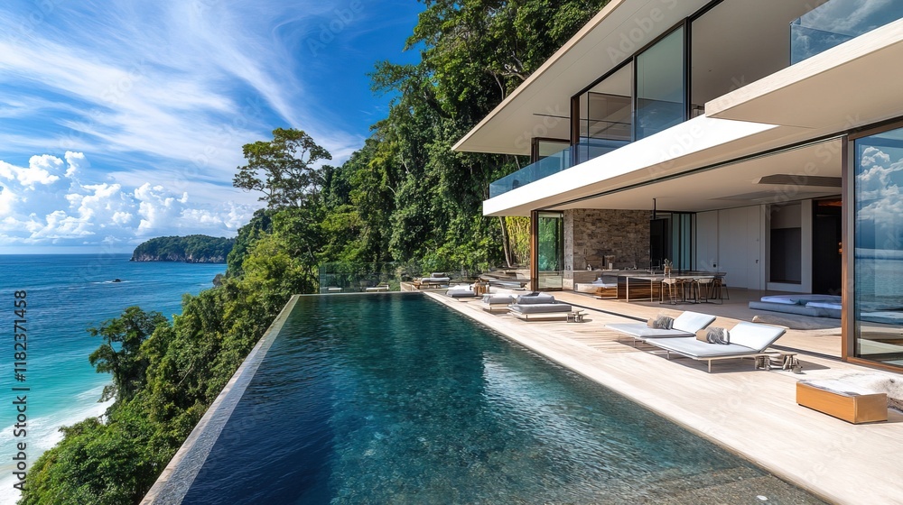 Fototapeta premium Ultra-modern beachfront villa with open glass walls, infinity pool, and ocean view, minimalist design