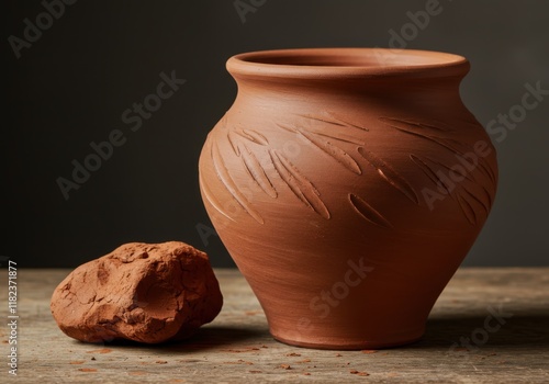 Terracotta pottery, Earthenware vase, Rounded clay pot, Rustic ceramic vessel, Handcrafted earthen jug, Ancient-inspired design, Carved linear patterns, Reddish-brown clay, Smooth matte finish, Tradit photo