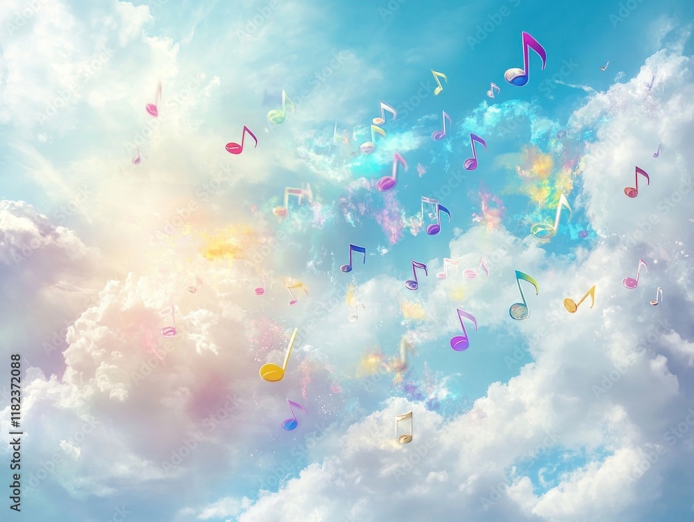 Fototapeta premium Colorful musical notes floating in a dreamy sky with clouds and sunlight.