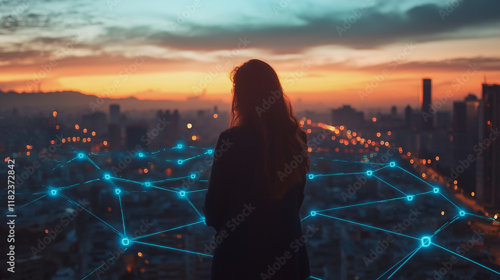 Fototapeta premium Abstract business woman stands on the peak of success amid tall, innovative Smart city and graphs with statistics to analyze business potential and predict future developments in company growth.