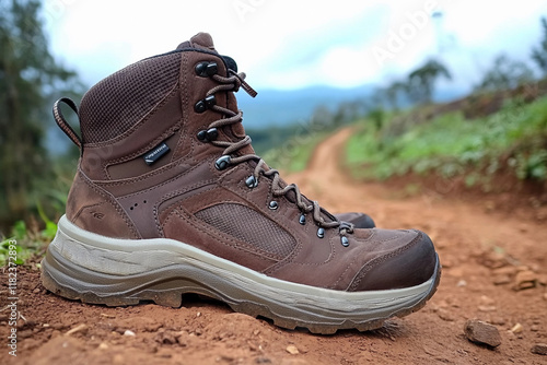 High-top hiking boot resting on a rugged dirt trail surrounded by greenery on a cloudy day in a mountainous region photo