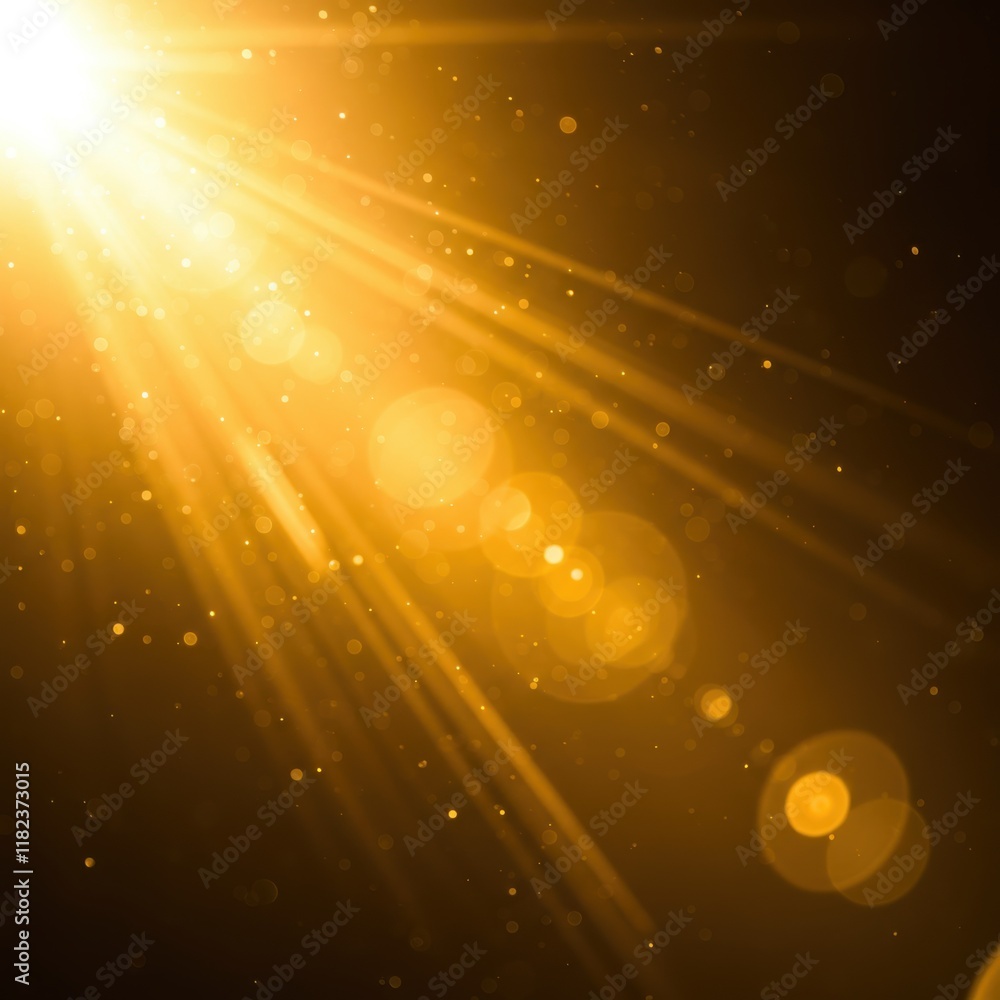 Obraz premium Golden sunburst, lens flare, abstract light rays, warm glow, celestial background, ethereal atmosphere, radiant energy, cosmic illumination, shimmering particles, divine light, heavenly beams, solar f