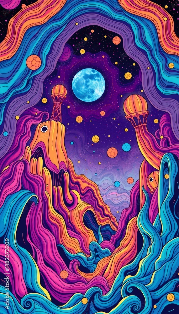 Abstract psychedelic illustration with hot air balloons in a night sky with a large moon and colorful stars. Abstract psychedelic illustration with hot air balloons in a night sky with a large moon and colorful stars.