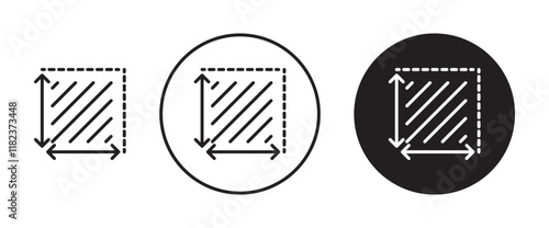 Area and dimension icons set in black filled and outlined style