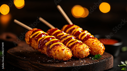 f0b American corn dog with golden batter served with ketchup and mustard photo