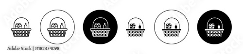 Christmas gift basket icons set in black filled and outlined style