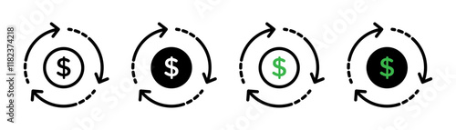Circulation of money icons set in black filled and outlined style