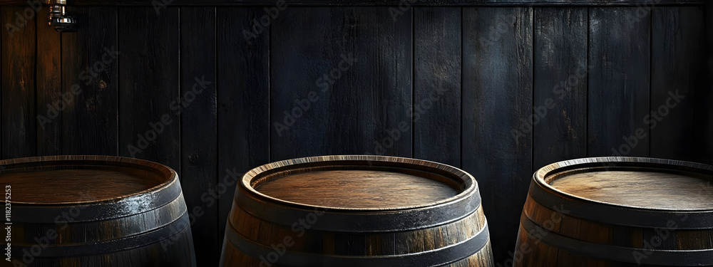 Wooden wine or cognac oak barrel in cool cellar in distillery house. Craft beer or brandy production. Winery and winemaking. Wine aging process. Background for banner, poster with copy space Wooden wine or cognac oak barrel in cool cellar in distillery house. Craft beer or brandy production. Winery and winemaking. Wine aging process. Background for banner, poster with copy space
