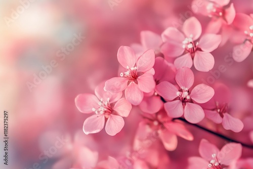 Delicate pink blossoms, soft focus, springtime bloom.