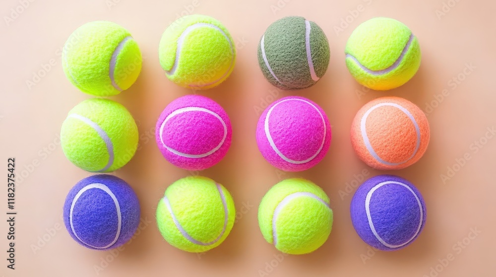 Fototapeta premium Colorful tennis balls arranged on a peach background. Great for sports, fitness, or game-related designs. Ideal for posters, websites, and social media.