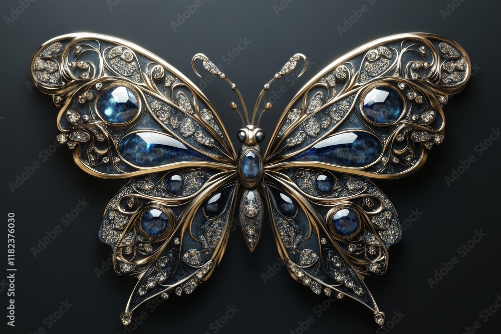 Fototapeta premium Artistic butterfly jewelry piece adorned with gemstones, highlighting exquisite design and craftsmanship