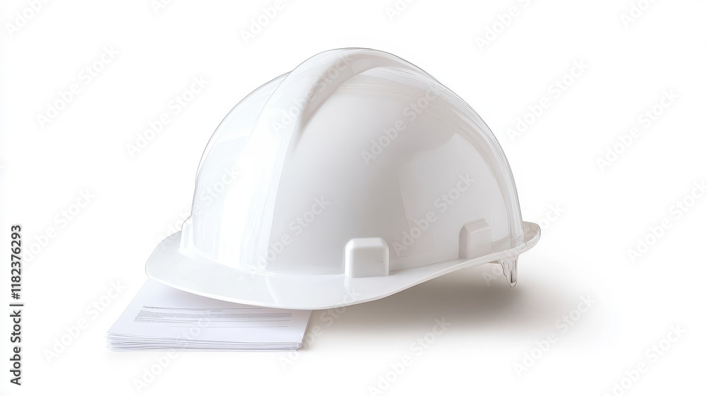 Fototapeta premium White Hard Hat on Paper Stack for Safety and Construction