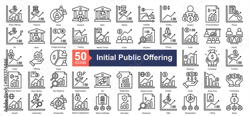 Initial Public Offering Icon Collection Set.Containing public offering, treasury, share, investors, bank, market, volatility icon. Simple line style Vector Illustration.	
