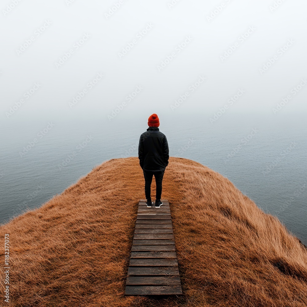 Solitary Figure on Cliff Overlooking Calm Ocean Solitary Figure on Cliff Overlooking Calm Ocean