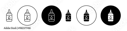 Oil dropper bottle icons collection in black and blue colors