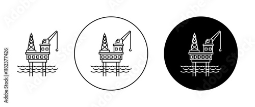 Oil platform icons set in black filled and outlined style