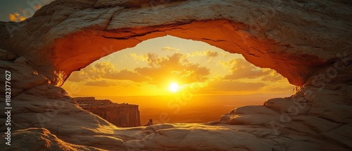 Sunset view through rock arch, desert landscape
