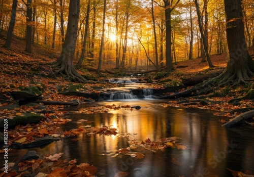 Autumn forest scene, golden sunlight filtering through trees, small cascading waterfall, reflective stream, fallen leaves, mossy rocks, vibrant fall colors, warm orange tones, tranquil woodland atmosp photo