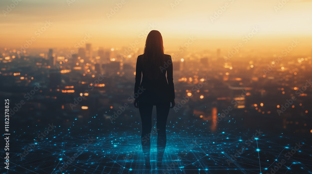 Fototapeta premium Abstract business woman stands on the peak of success amid tall, innovative Smart city and graphs with statistics to analyze business potential and predict future developments in company growth.