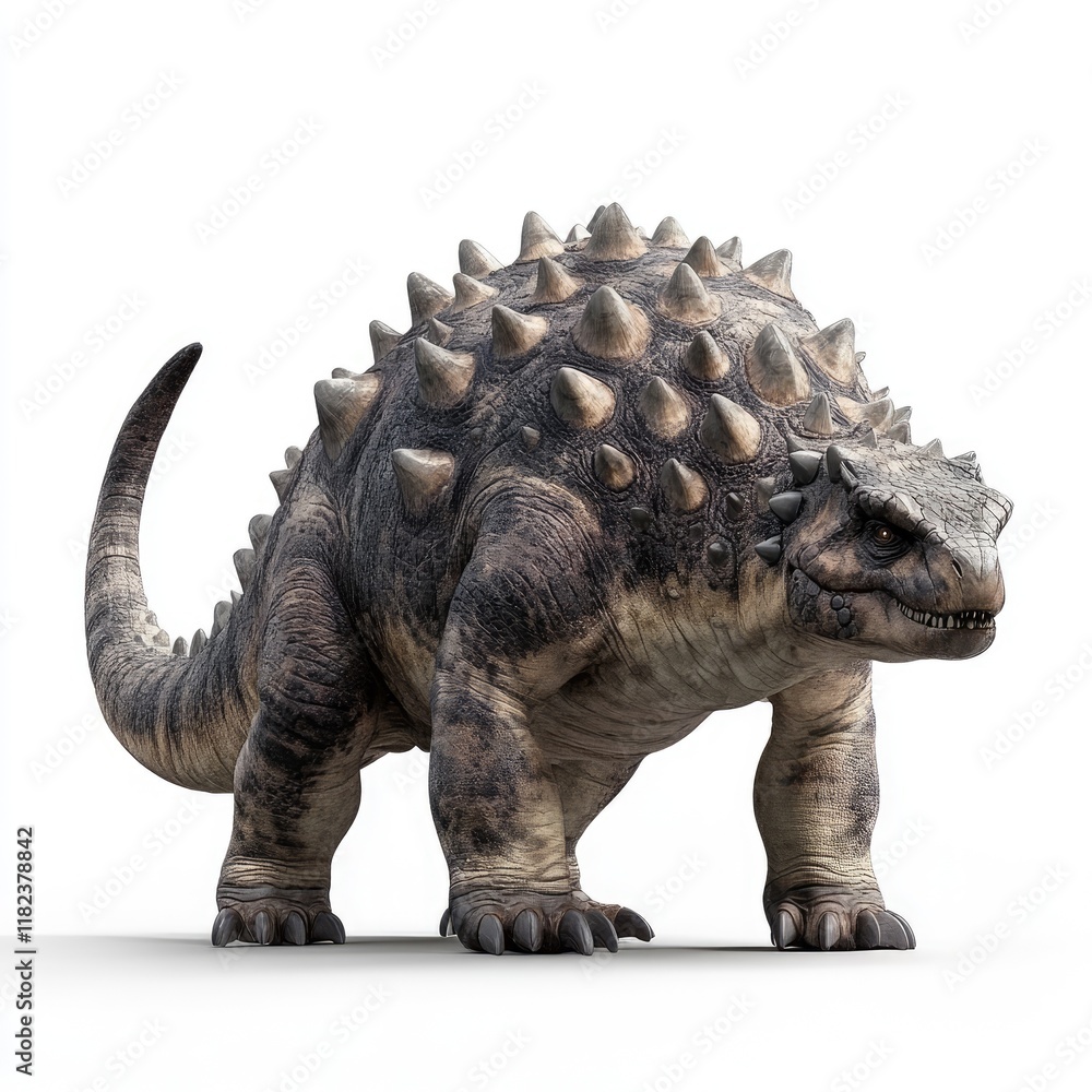 Fototapeta premium A spiked dinosaur-like creature stands on a white background, showcasing its robust features.