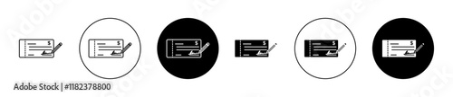 Signing cheque icons collection in black and blue colors