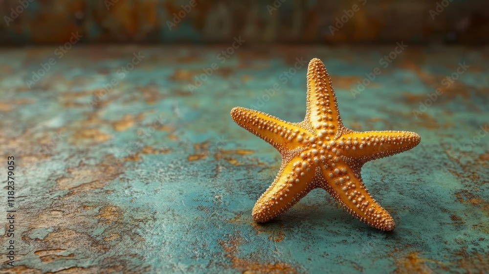 Golden starfish on rustic teal surface. Golden starfish on rustic teal surface.