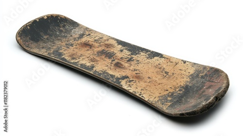 A well-worn wooden snowskate showing signs of heavy use. Ideal for winter sports enthusiasts or collectors of vintage sporting goods. photo