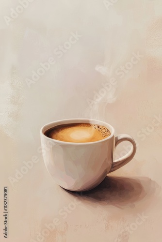 Warm cup of coffee with steam rising, placed on a light-colored surface during a calm morning. Generative AI