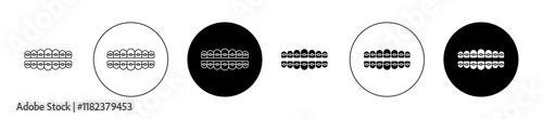 Teeth with braces icons set in black filled and outlined style