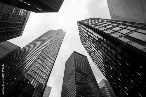 City skyscrapers, monochrome, upward view, glass facades.