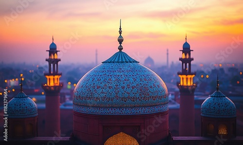 Sunset over Lahore's mosque, city lights, travel photography