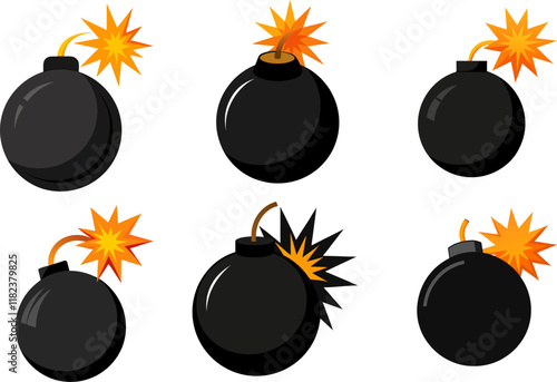 bomb with burning fuse flat silhouette  icon vector illustration on white background
