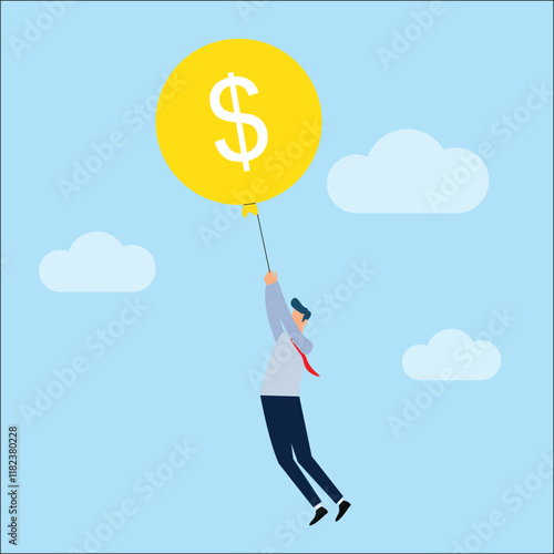 Conceptual illustration of a businessman flying high with a inflated balloon