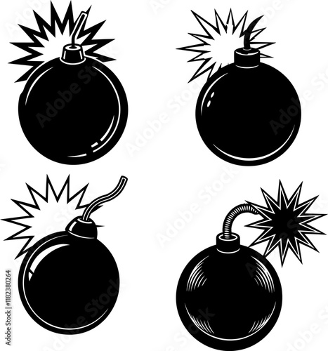 bomb with burning fuse flat silhouette  icon vector illustration on white background
