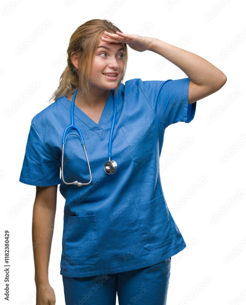 Young caucasian doctor woman wearing surgeon uniform over isolated background very happy and smiling looking far away with hand over head. Searching concept.