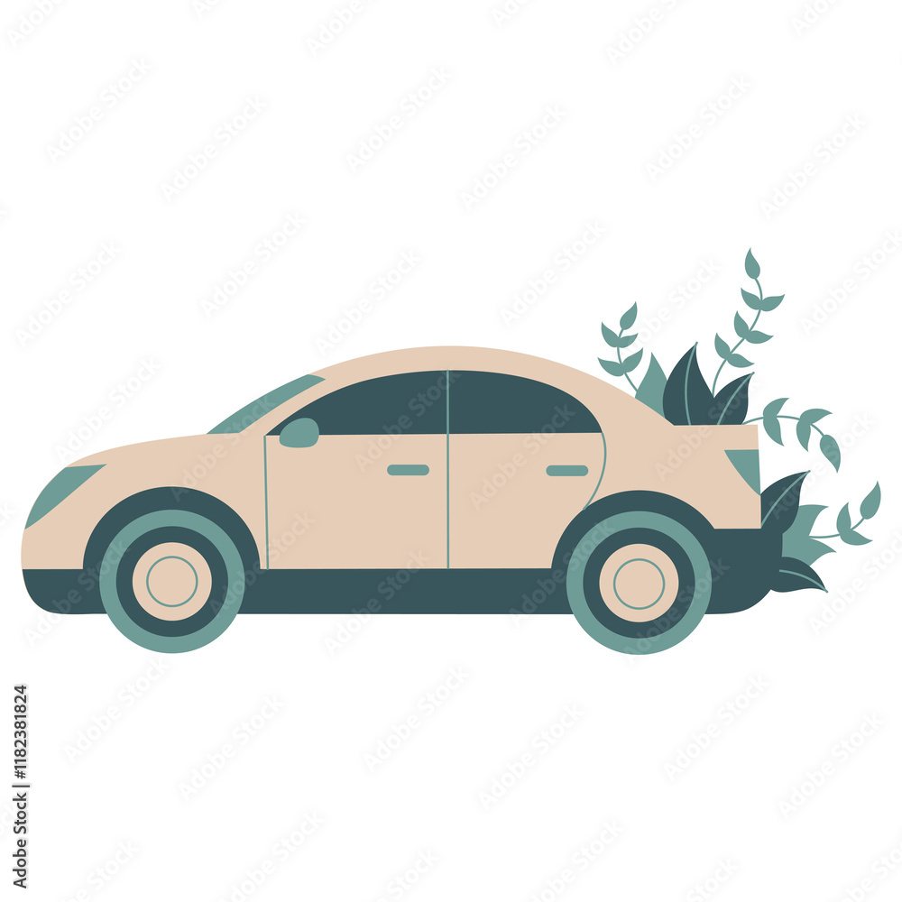 Obraz premium This PNG image on a transparent background depicts a stylized beige car with green leaves emerging from the trunk, symbolizing eco-friendly transportation, sustainability, and green mobility.