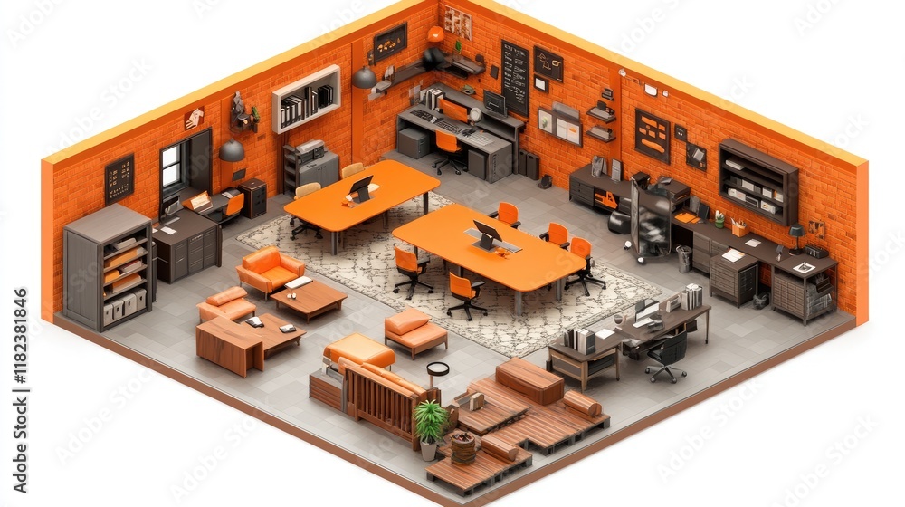 Modern office space with orange accents, desks, and seating for collaborative work. Modern office space with orange accents, desks, and seating for collaborative work.