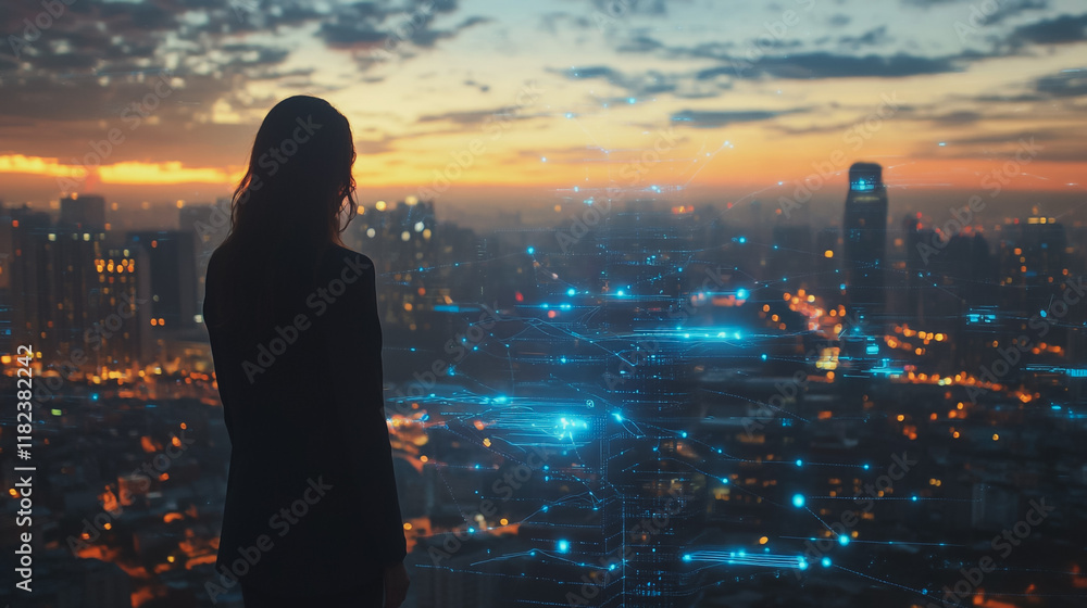 Fototapeta premium Abstract business woman stands on the peak of success amid tall, innovative Smart city and graphs with statistics to analyze business potential and predict future developments in company growth.