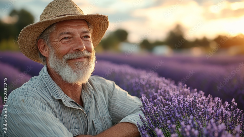 Fototapeta premium A smiling man in a straw hat stands among blooming lavender fields at sunset.