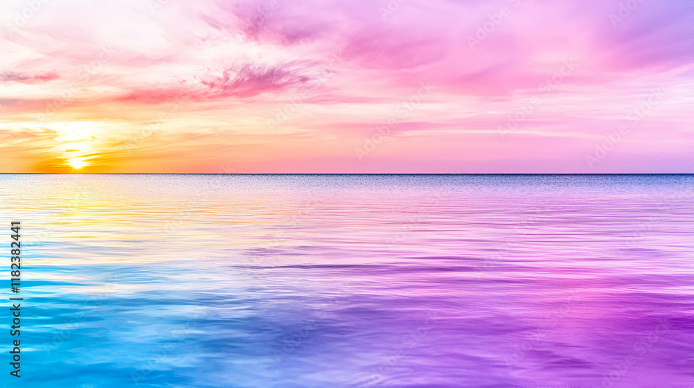 Obraz premium A serene seascape at sunset, featuring vibrant hues of pink, purple, and blue reflecting on calm waters.