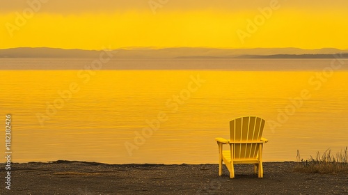 Serene Sunset, Yellow Adirondack Chair by Calm Lake