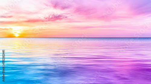 A serene seascape at sunset, featuring vibrant hues of pink, purple, and blue reflecting on calm waters.