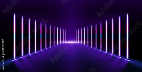 Electric neon lines in virtual reality tunnel. Abstract rays technology retro background. Futuristic glowing graphic design.