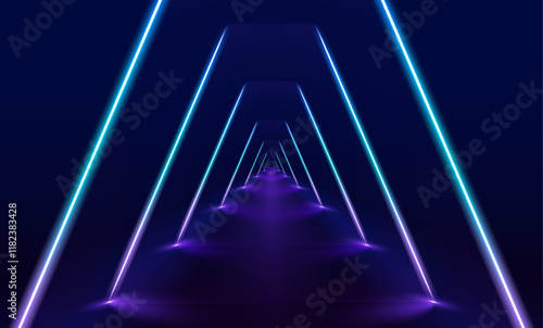 Futuristic neon tunnel with reflections. This illustration features a dark neon tunnel with reflective surfaces and laser-like light trails. The glowing colors guide the viewer through an abstract.