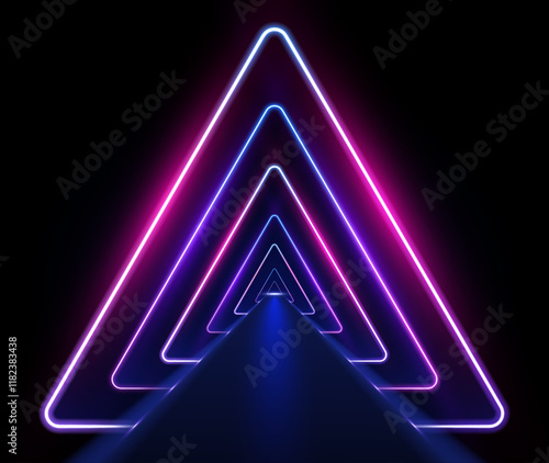 Electric neon lines in virtual reality tunnel. Abstract rays technology retro background. Futuristic glowing graphic design.