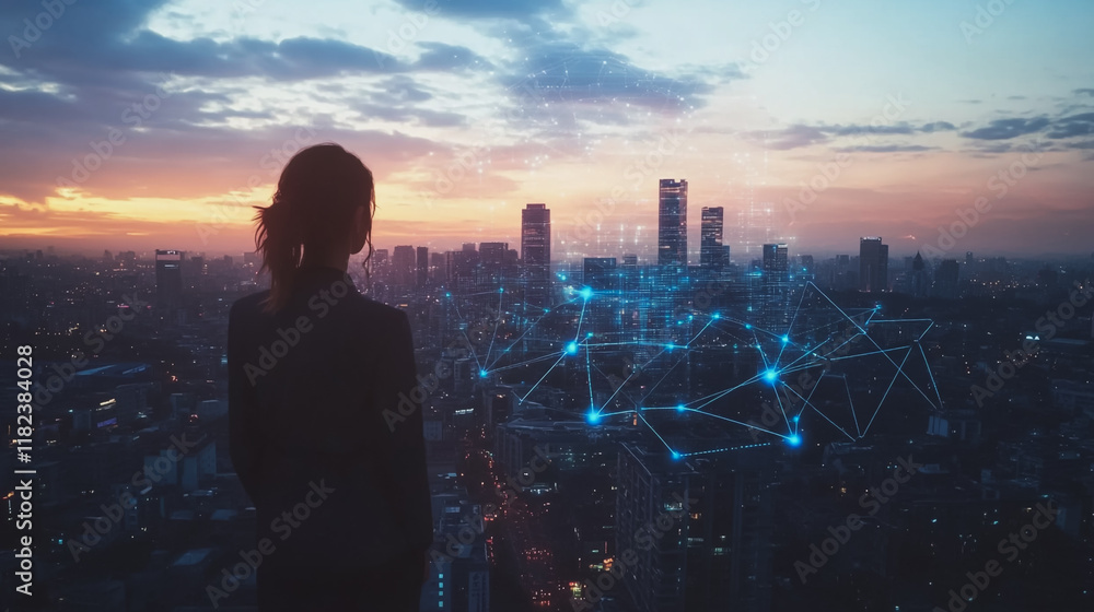 Abstract business woman stands on the peak of success amid tall, innovative Smart city and graphs with statistics to analyze business potential and predict future developments in company growth. Abstract business woman stands on the peak of success amid tall, innovative Smart city and graphs with statistics to analyze business potential and predict future developments in company growth.
