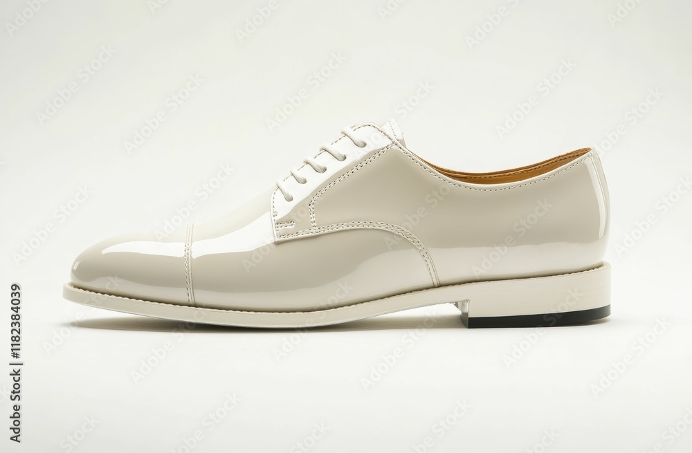 A glossy white beige shoe with fine stitching and a sophisticated design, shown in a side profile to emphasize its upscale appeal on the studio white background. A glossy white beige shoe with fine stitching and a sophisticated design, shown in a side profile to emphasize its upscale appeal on the studio white background.