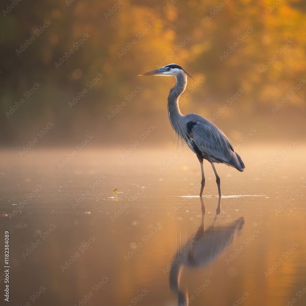 Naklejka premium Majestic great blue heron, shallow water reflection, golden hour light, soft focus background, nature photography, wildlife portrait, serene wetland scene, muted earth tones, misty atmosphere, high de