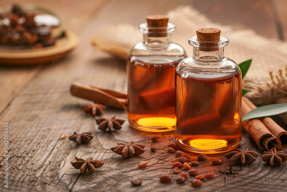 Aromatic cinnamon and star anise oil bottles on rustic wooden table Aromatic cinnamon and star anise oil bottles on rustic wooden table