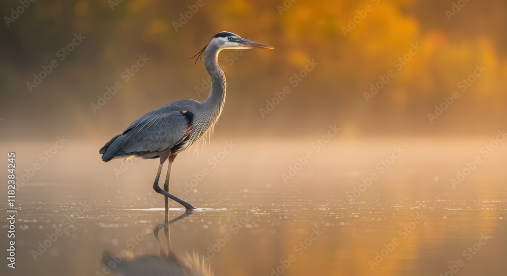 Naklejka premium Majestic great blue heron, shallow water reflection, golden hour light, soft focus background, nature photography, wildlife portrait, serene wetland scene, muted earth tones, misty atmosphere, high de